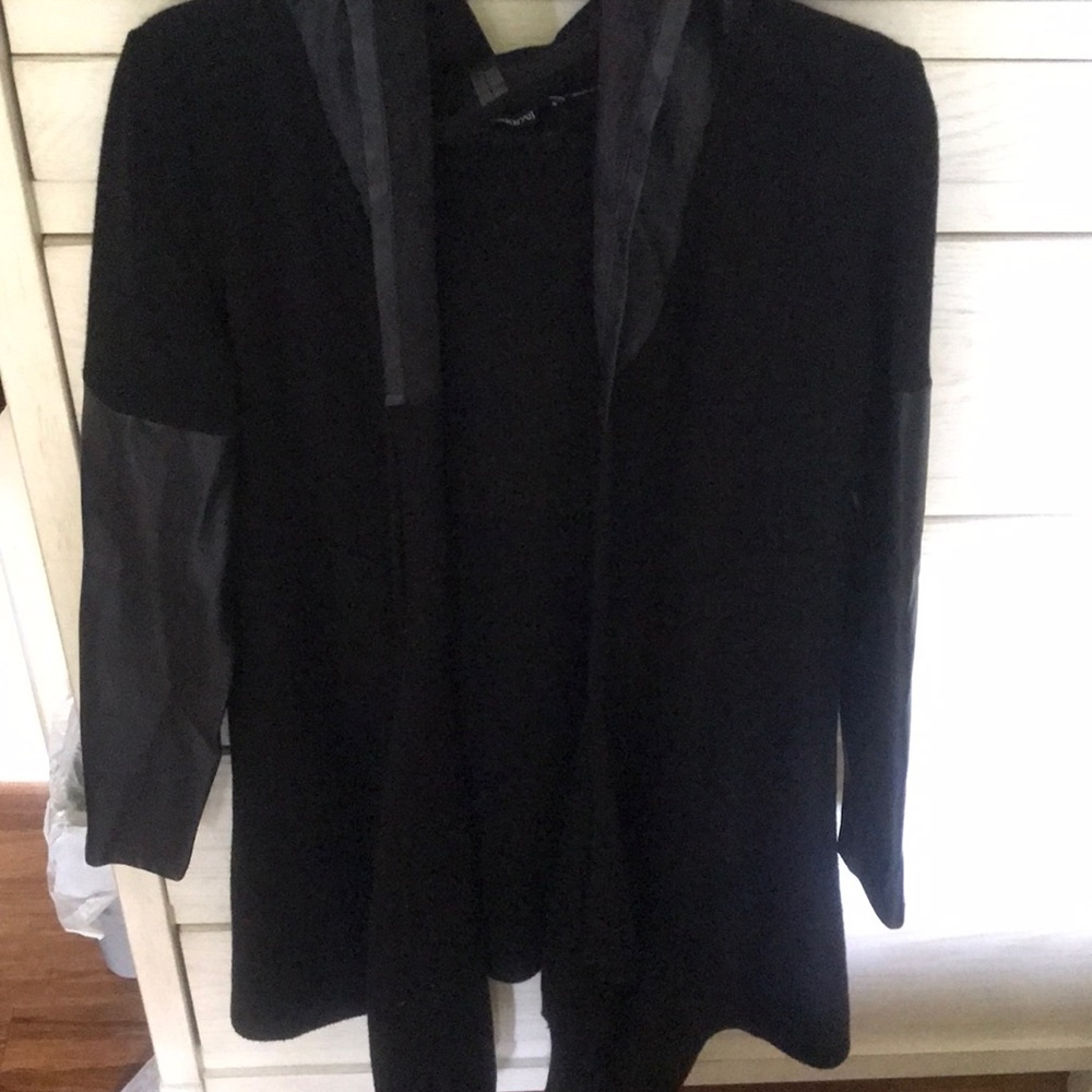 Long sweater with pleather sleeve and hood